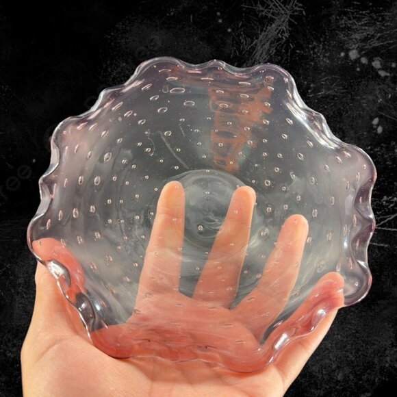 Hand Blown Art Glass Dish Bowl Ruffled Edges Purple Amethyst Glass Bullicante - Picture 1 of 9